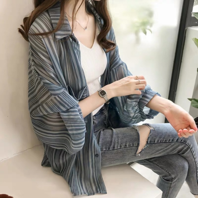 2024 new summer sun protection clothing for women, thin beach jacket with shawl, chiffon blouse, Korean style loose cardigan