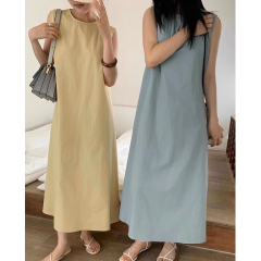 Korean chic summer simple temperament round neck solid color loose casual knee-length long sleeveless vest dress for women