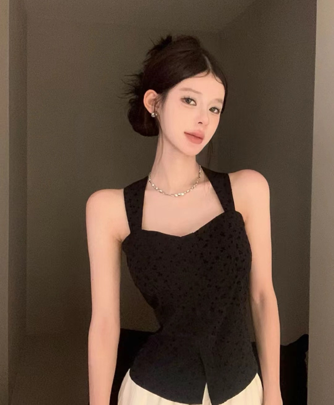 cchun純子 美娜絲絨提花上衣組女新夏季蕾絲性感顯瘦修身吊帶
