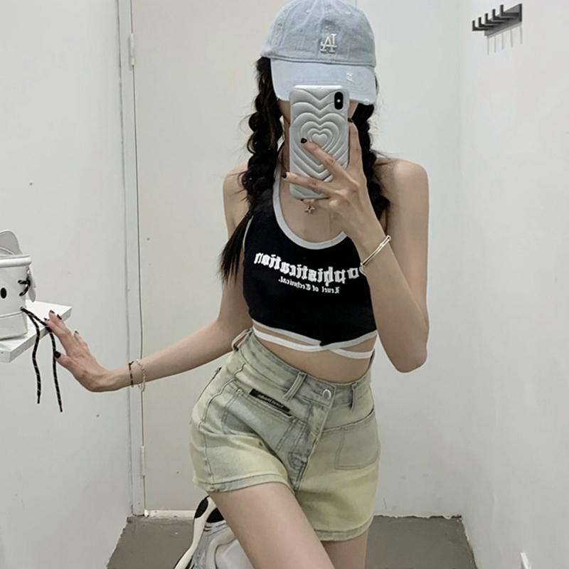6535拉架棉 掛脖吊帶女夏季辣妹外穿短款綁帶露背上衣