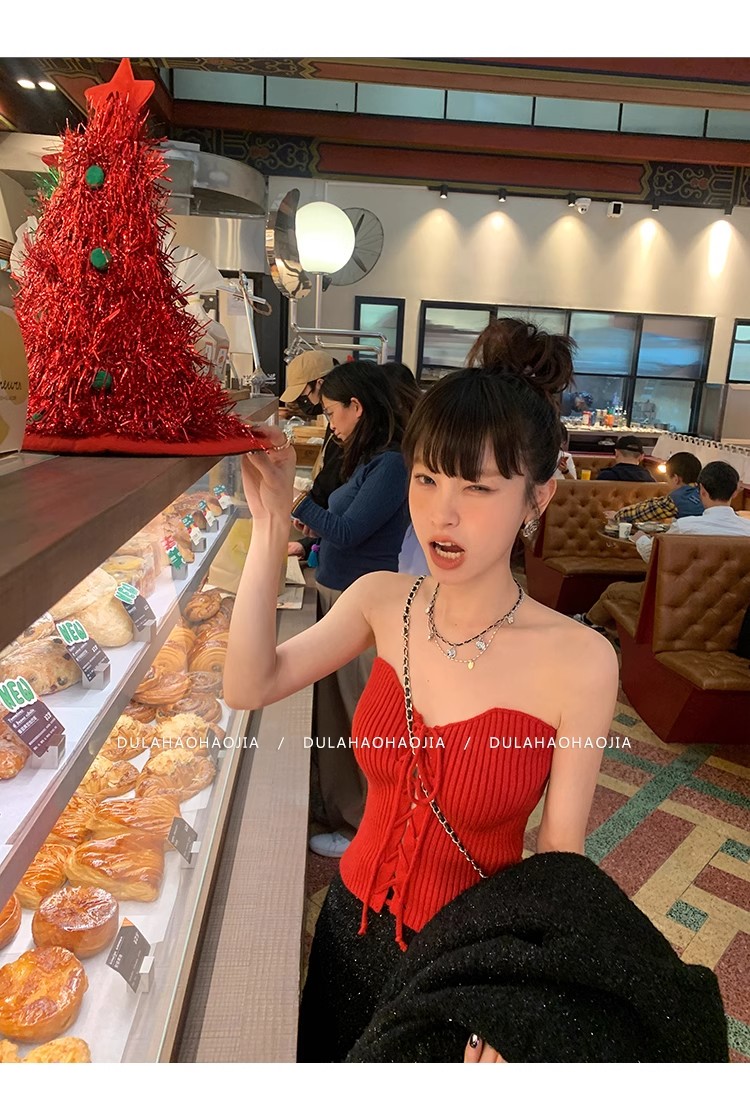 DULA好好家 辣妹紅色針織抹胸女早春2024年新款外穿性感短款上衣