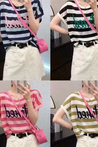 Korean Style Western Style Round Neck Color Blocked Bell Sleeve Knitted Sweater 2024 Summer New Style Striped Top for Women