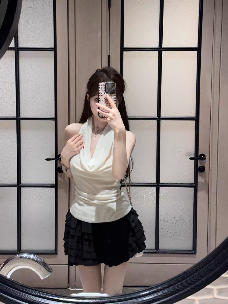 M900掛脖上衣背心女夏季外穿2024新款白色無袖辣妹穿搭設計感短款