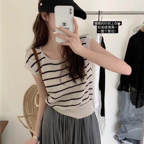 THE LEMON Lemon Green Tea Retro Contrast Color Striped Sweater Women's Summer New Pullover Round Neck Top