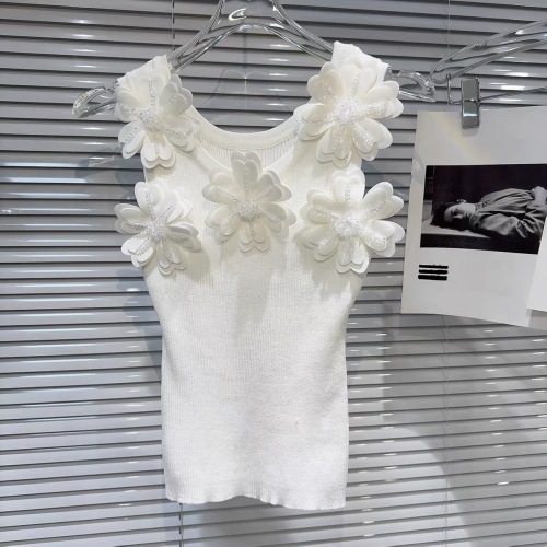 重工立体花朵珠子设计白色针织背心夏季新品显瘦百搭无袖性感上衣