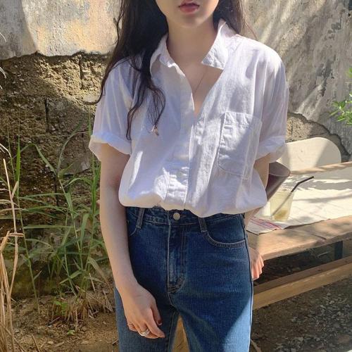 韩版白色短袖衬衫女夏季新款设计感小众衬衣宽松慵懒休闲薄款上衣