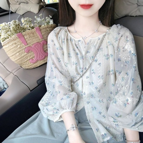French sweet puff sleeve floral chiffon shirt for women 2024 summer new style gentle style lace embroidered sun protection shirt