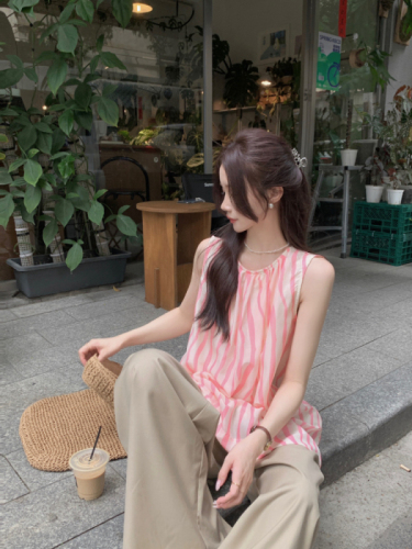 实拍！韩国夏季宽松百搭遮肉显瘦甜美小衫女圆领条纹背心上衣