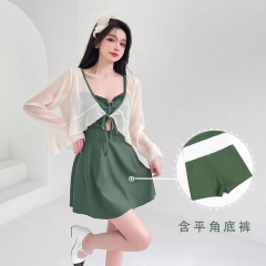 新款超仙泳衣女連體長袖罩衫保守遮肚顯瘦ins小胸聚攏泡溫泉泳裝