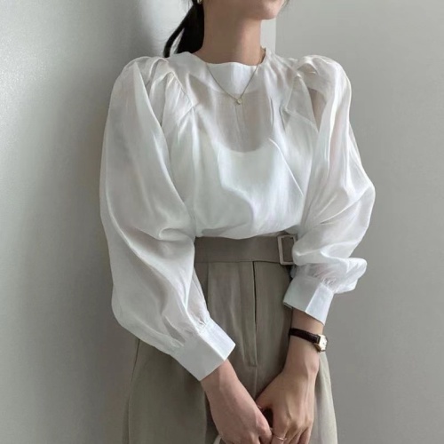 韩国chic法式简约圆领泡泡袖衬衫女气质百搭衬衣