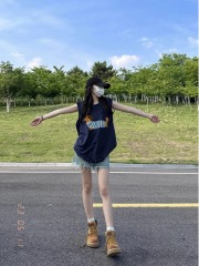 高質量純棉220克19支精梳緊密印花寬鬆大版無袖坎肩背心恤女