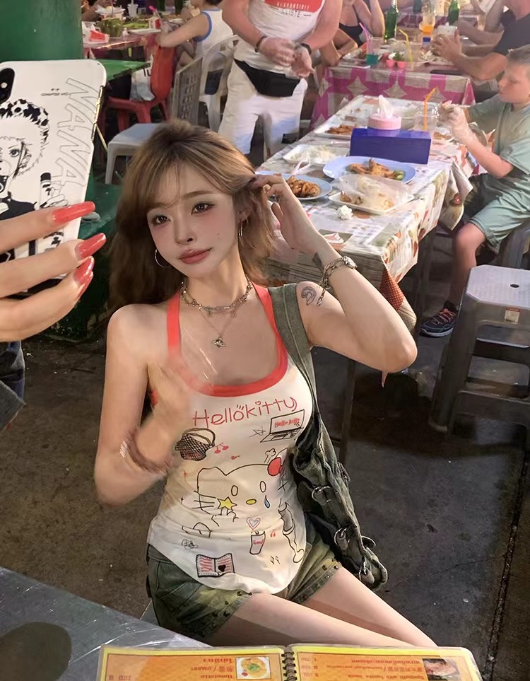 Suuuicee 凱蒂教主 手繪塗鴉Kitty貓背心女撞色設計辣妹純欲上衣