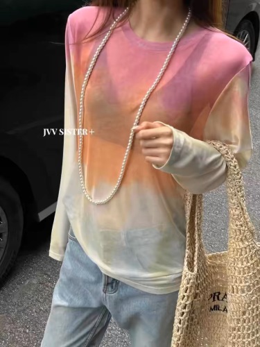 JVVSISTER summer gradient tie-dye mesh bottoming long-sleeved age-reducing loose slimming ice silk sunscreen T-shirt for women