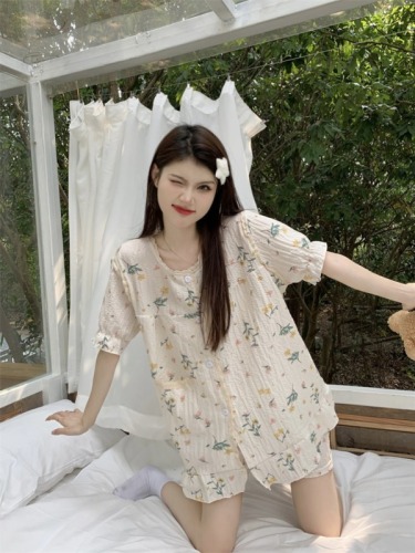 Real shot of summer floral lace splicing short-sleeved shorts two-piece set sweet pajamas and home clothes set