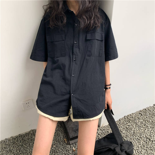 Workwear Black Girls Spring and Autumn Loose Slim Shirt Women's Hong Kong Style Outer Wear Versatile Hong Kong Style Top Short Sleeve Shirt