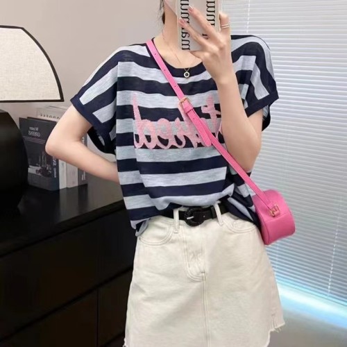 Korean Style Western Style Round Neck Color Blocked Bell Sleeve Knitted Sweater 2024 Summer New Style Striped Top for Women