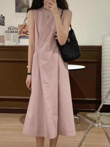 Summer 2024 new style French seaside resort temperament beach long dress pink sleeveless suspender dress for women