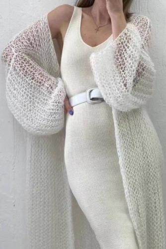 韩国新款慵懒风防晒上衣外套女宽松长款轻薄针织系带纯色开衫