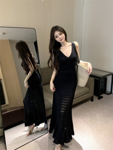 Real shot of Slim V-neck holiday long dress with straps and hip-hugging fishtail dress