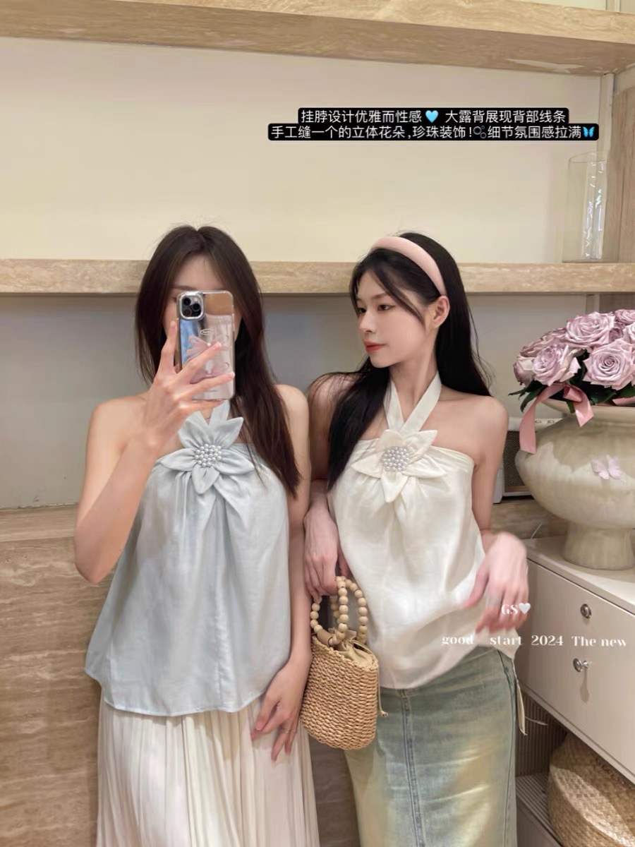 GS韓調氣質仙氣溫柔立體花朵掛脖背心小衫2024夏季新款小眾上衣女