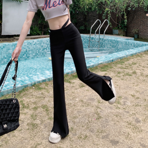实拍夏季辣妹新款韩版设计感高腰显瘦黑色休闲裤复古微喇裤