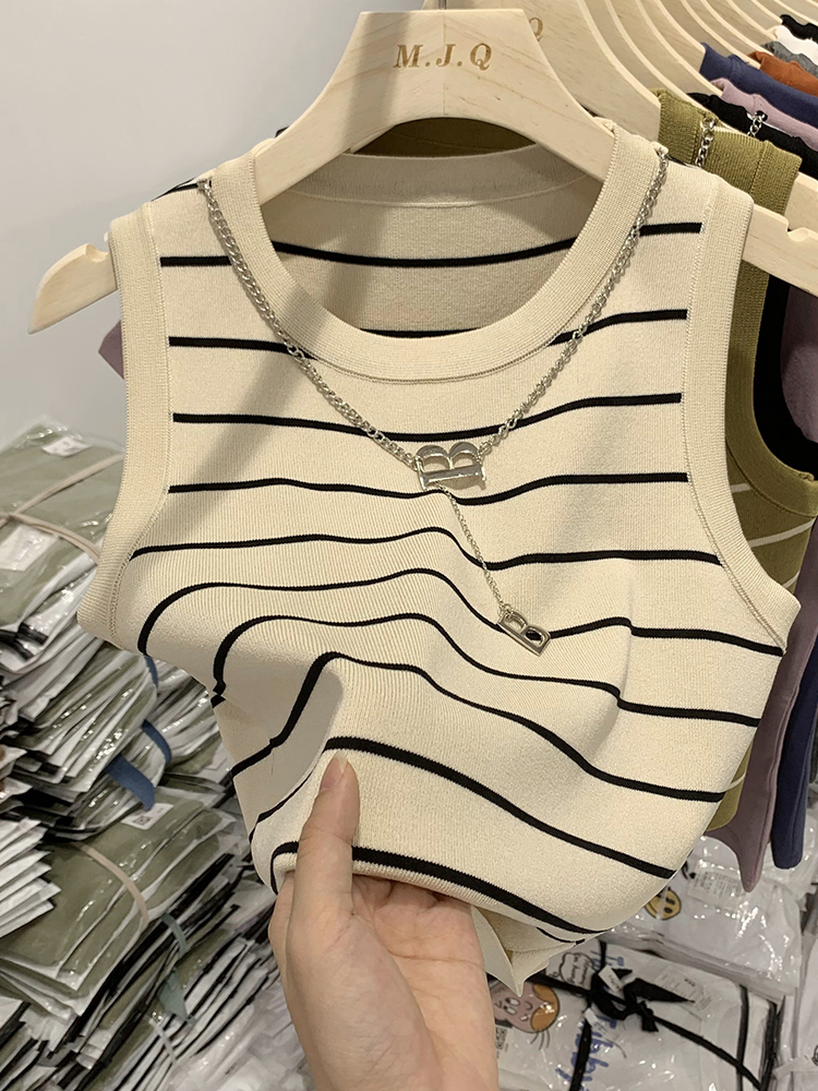 純欲辣妹風高腰露臍短款條紋背心女2024夏季新款修身內搭無袖上衣