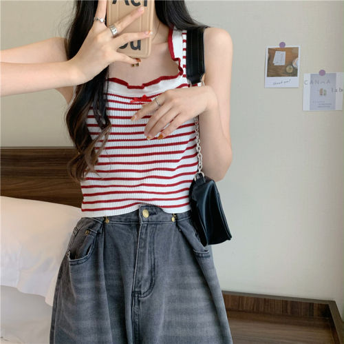 Real shot of striped knitted camisole women's outer wear anti-exposure tube top sweet hottie style bottoming sleeveless top