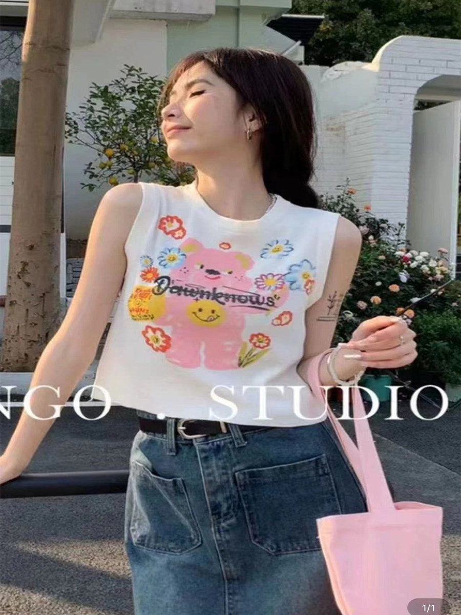 夏款塗鴉童趣可愛熊熊印花背心女設計感小眾藝術塗鴉無袖上衣