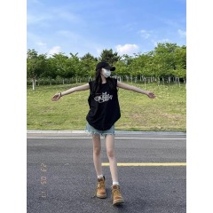 高質量純棉220克19支精梳緊密印花寬鬆大版無袖坎肩背心恤女