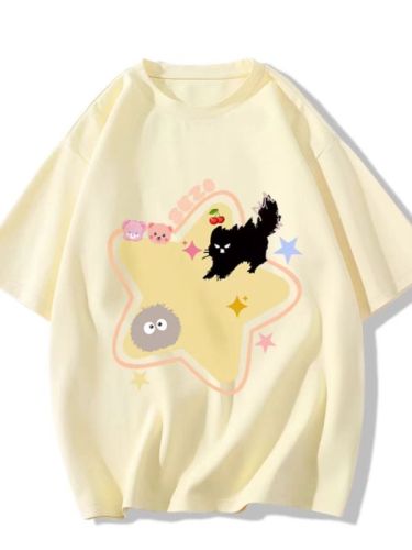 200g combed close-mesh worsted spun pure cotton, post-wrapping strip, spring and summer loose shoulder print short-sleeve T-shirt