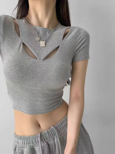 韩版复古辣妹设计感镂空短袖T恤女修身显瘦性感针织短款正肩上衣