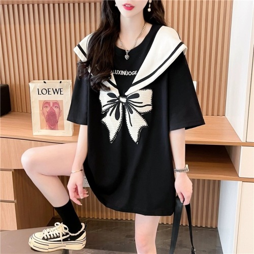 3689# Official picture quality/Pure cotton/Back collar/Mid-length loose embroidered splicing short-sleeved T-shirt