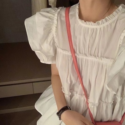 韩系减龄荷叶边泡泡袖拼接上衣气质百搭A字版型显瘦白色衬衫女夏