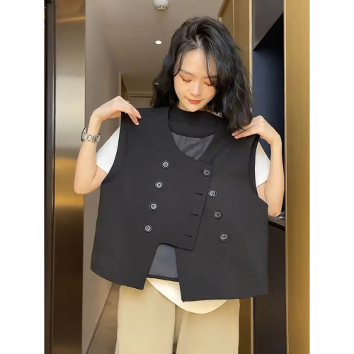 Quality Inspection Officer Picture Irregular Double-breasted Suit Vest Women's Versatile Stacking Short Vest Short Jacket New Style Women