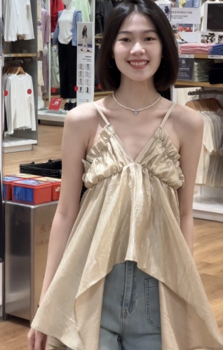 kumikumi法式性感不规则吊带背心女夏季木耳边拼接设计感气质上衣