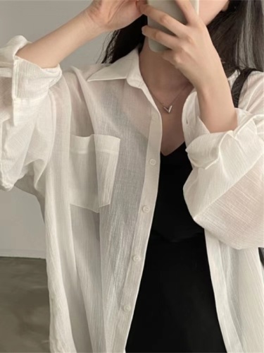 韩国chic简约慵懒风薄款长袖衬衫女夏季新款防晒衫罩衫空调衫上衣