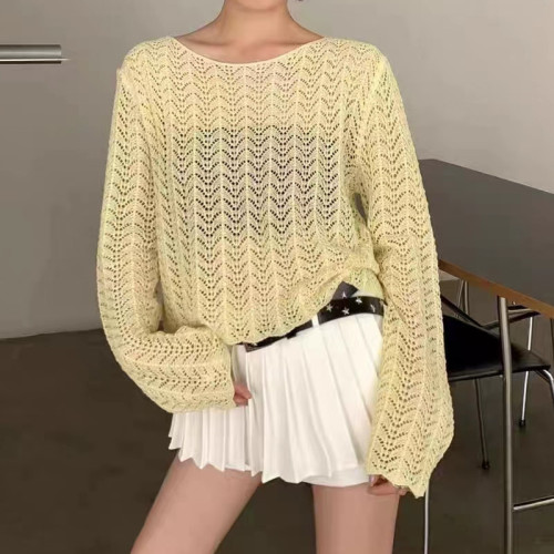 韩版夏季新款针织设计感韩版镂空百搭薄款长袖套头防晒衫上衣女