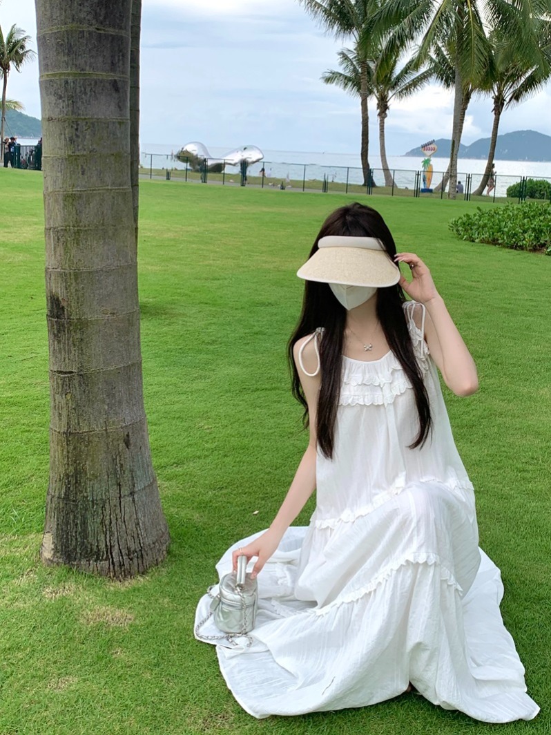 實拍 度假風小白裙花邊仙女吊帶裙