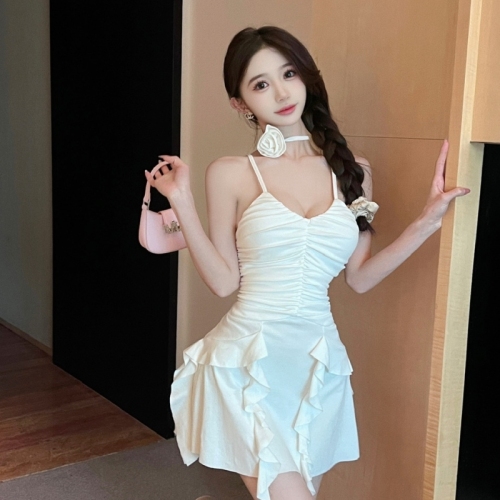 Cotton French white dress, pure sexy, sweet and spicy suspender pleated slimming waist dress