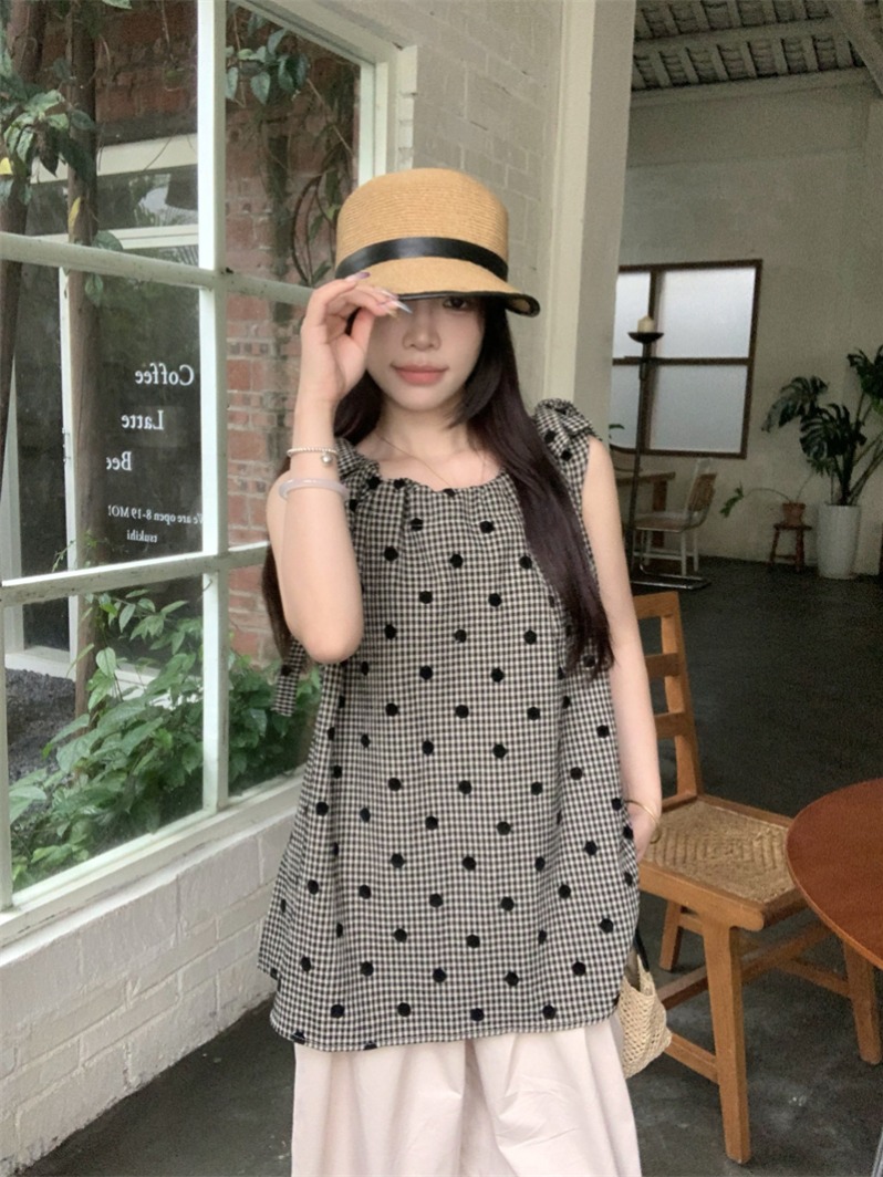 實拍~法式小香風波點上衣女設計感方領無袖格子背心女