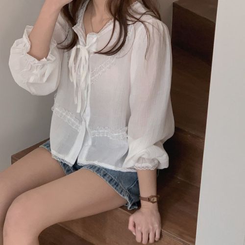 韩国chic设计感简约花边系带薄款衬衫女甜美蕾丝长袖防晒上衣