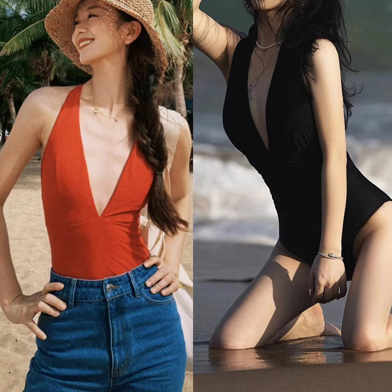 ins復古連體港風性感紅色辣妹深V領泳衣女顯瘦遮肚泡溫泉度假泳裝