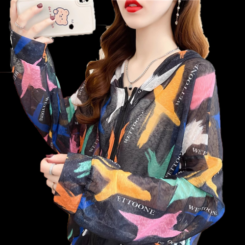 Real shot Korean style casual fashion polyester ice silk sunscreen hooded summer jacket top women's trendy INS zipper shirt