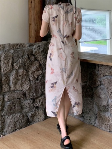 实拍 裙子女夏季新中式国风蝴蝶印花改良日常可穿旗袍连衣裙