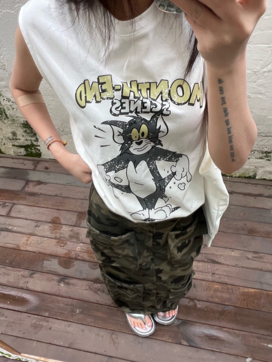 CH西瓜家韓國卡通印花休閒無袖背心女2024夏貓貓圖案寬鬆無袖上衣