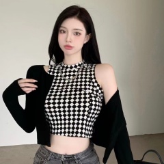 夏季新款百搭格子斑馬紋圓領無袖背心短款露臍打底衫上衣女