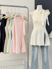 法式高級感氣質掛脖系帶開叉背心女夏季設計感高腰修身顯瘦上衣潮
