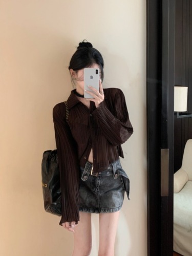 Real shot of summer retro striped pleated fungus slightly see-through slim long-sleeved cardigan top shirt sun protection shirt for women
