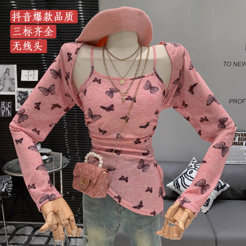 With chest pad - 2024 spring and summer new Korean style temperament printed butterfly cardigan suspender slim long-sleeved T-shirt two-piece set