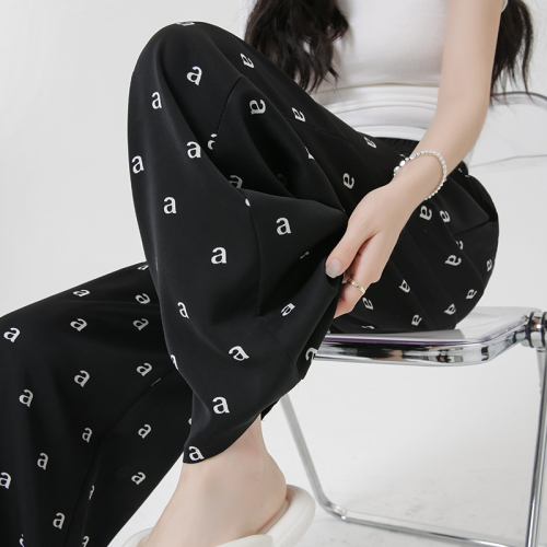 Summer Korean style casual wide-leg pants, floor-length pants, drapey ice silk cool pants, letter air-conditioned pants